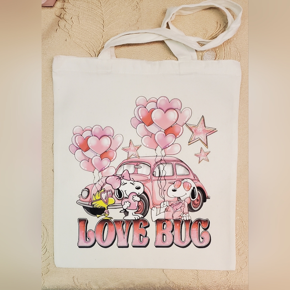 🪻3/$25 Love Bug Snoopy pink Hearts stars balloon car design White Tote Bag